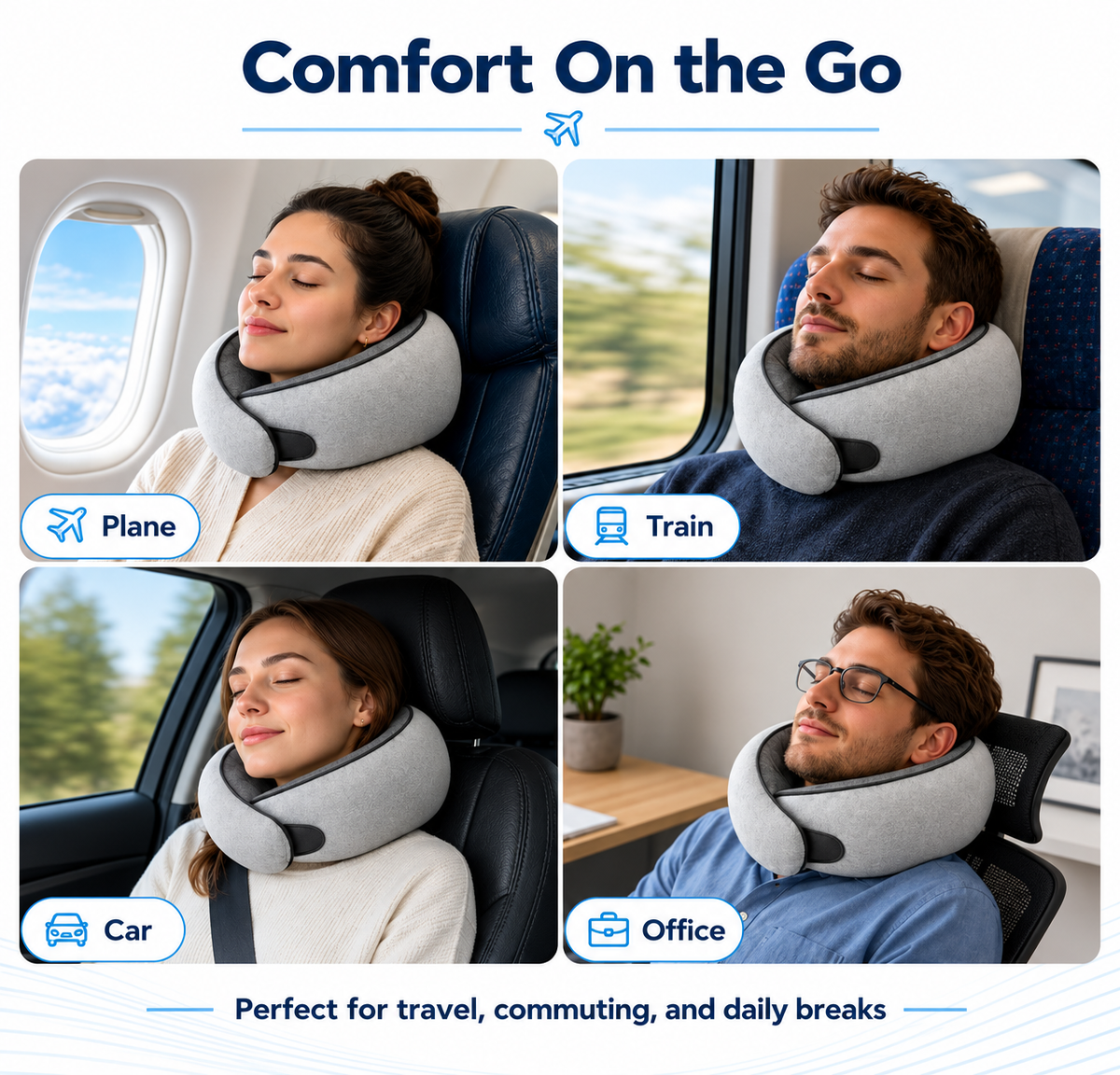 U-shaped travel pillow for long-haul airplane journeys.