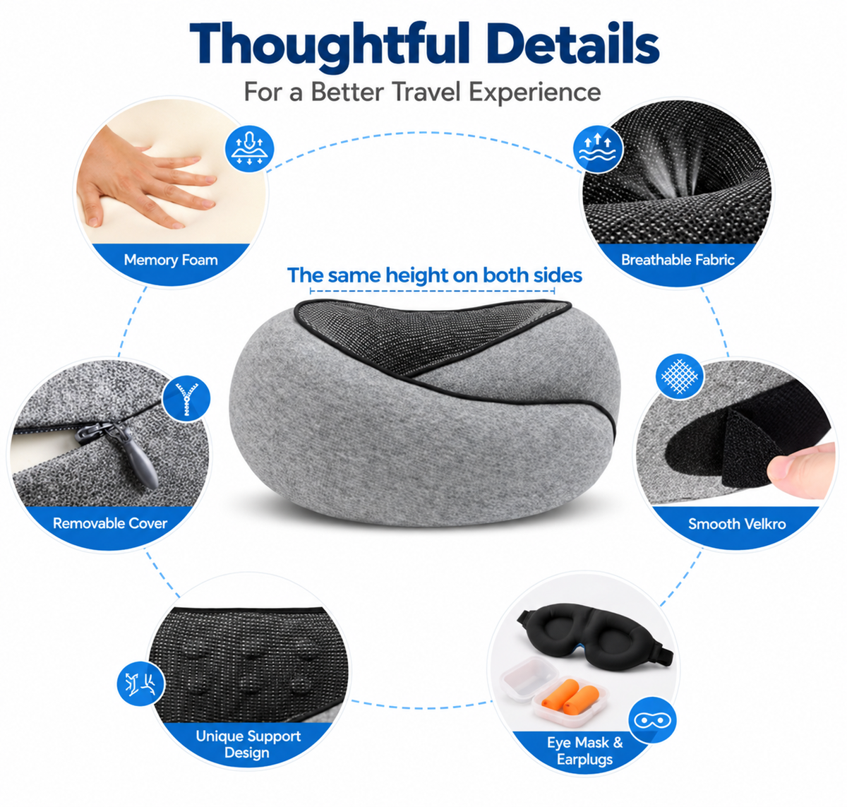 Soft memory foam travel pillow with U-shaped cushioning.