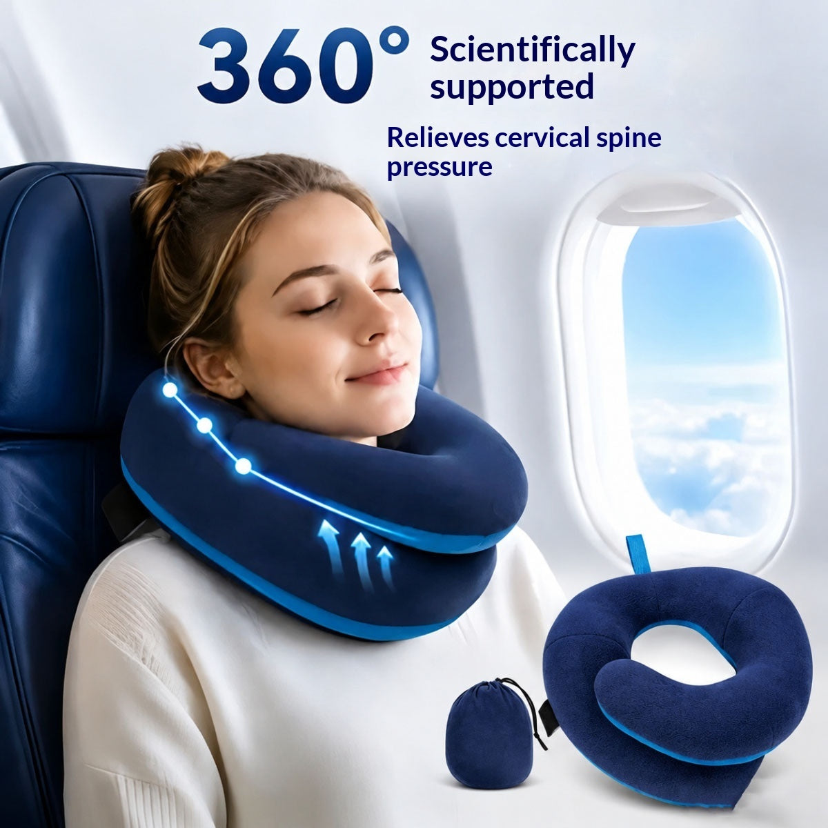 Navy blue travel pillow for airplane journeys.