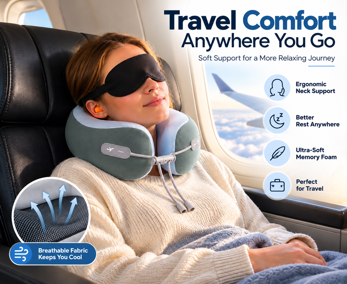 Memory foam neck pillow for added comfort during airplane travel.