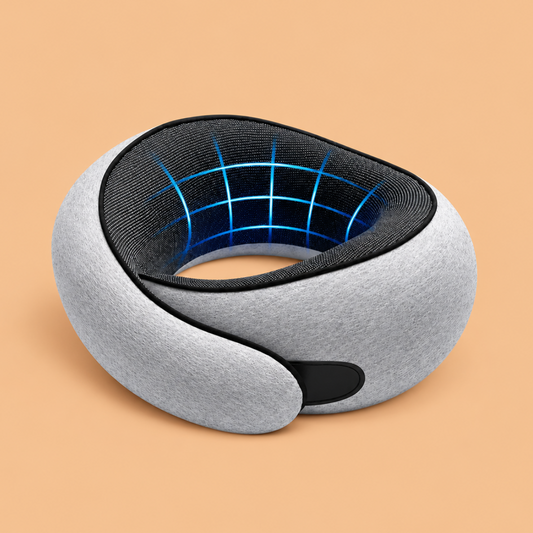 Gray travel neck pillow with black mesh lining and blue support design for comfortable travel.