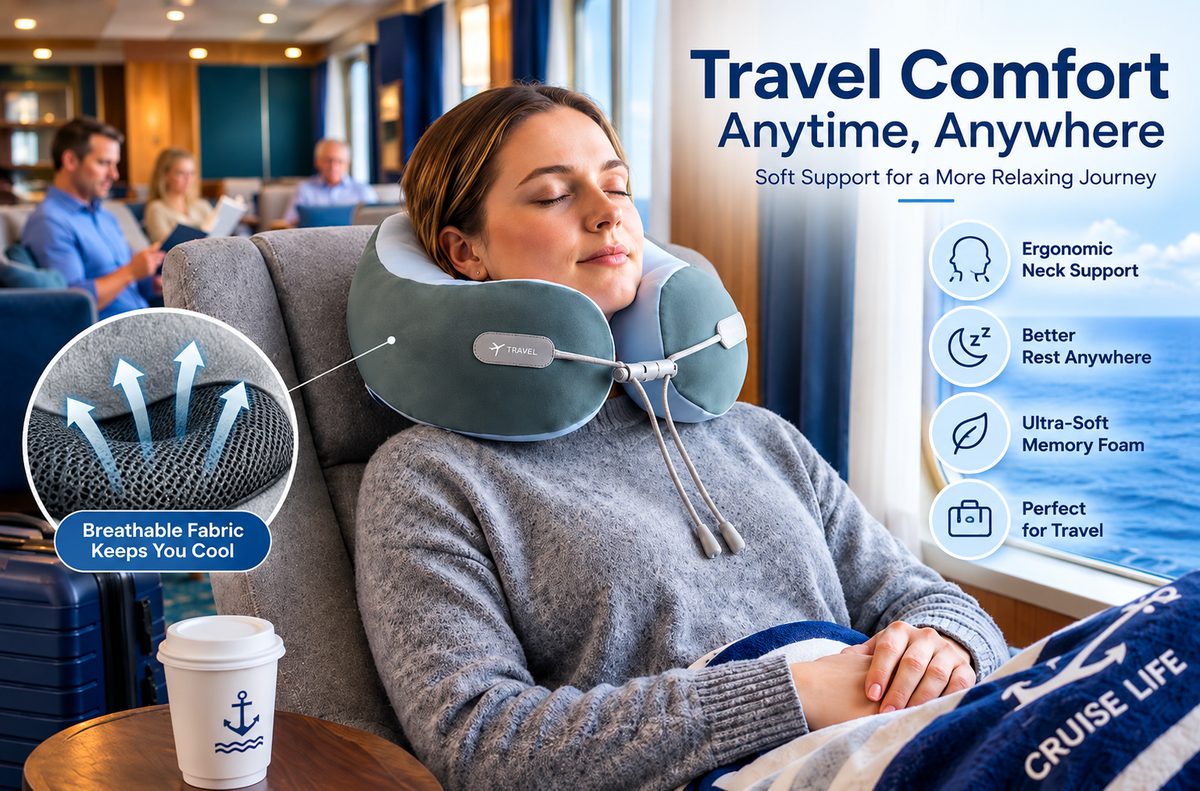 Cushioned memory foam neck pillow for long journeys.