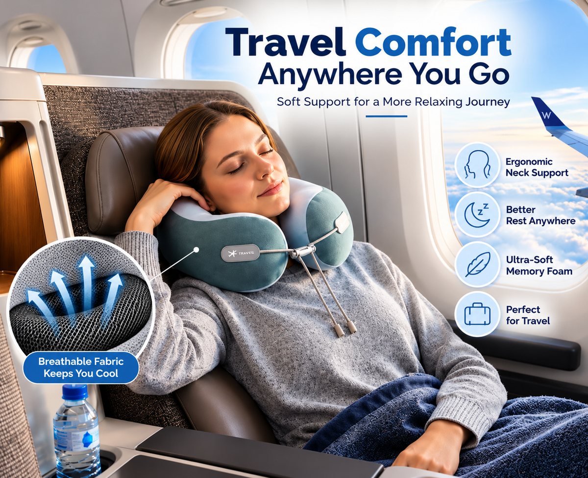 Nuvianeck travel neck pillow with memory foam filling.