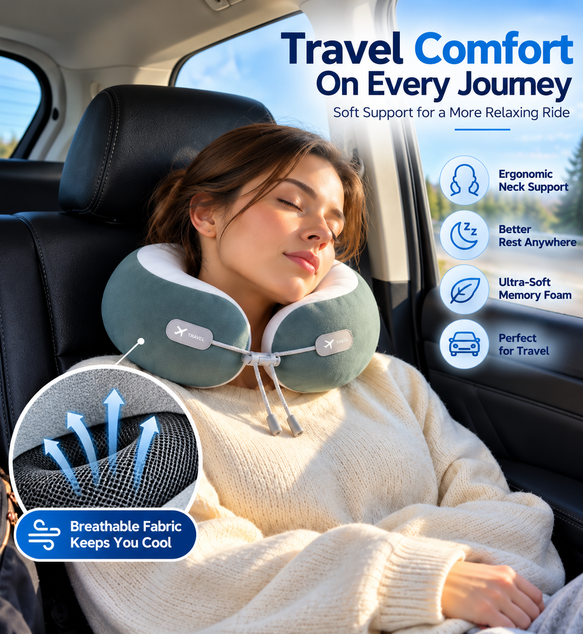 Travel neck pillow with included storage case.