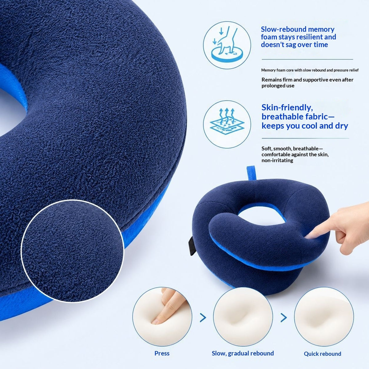 Front view of the navy blue travel pillow.