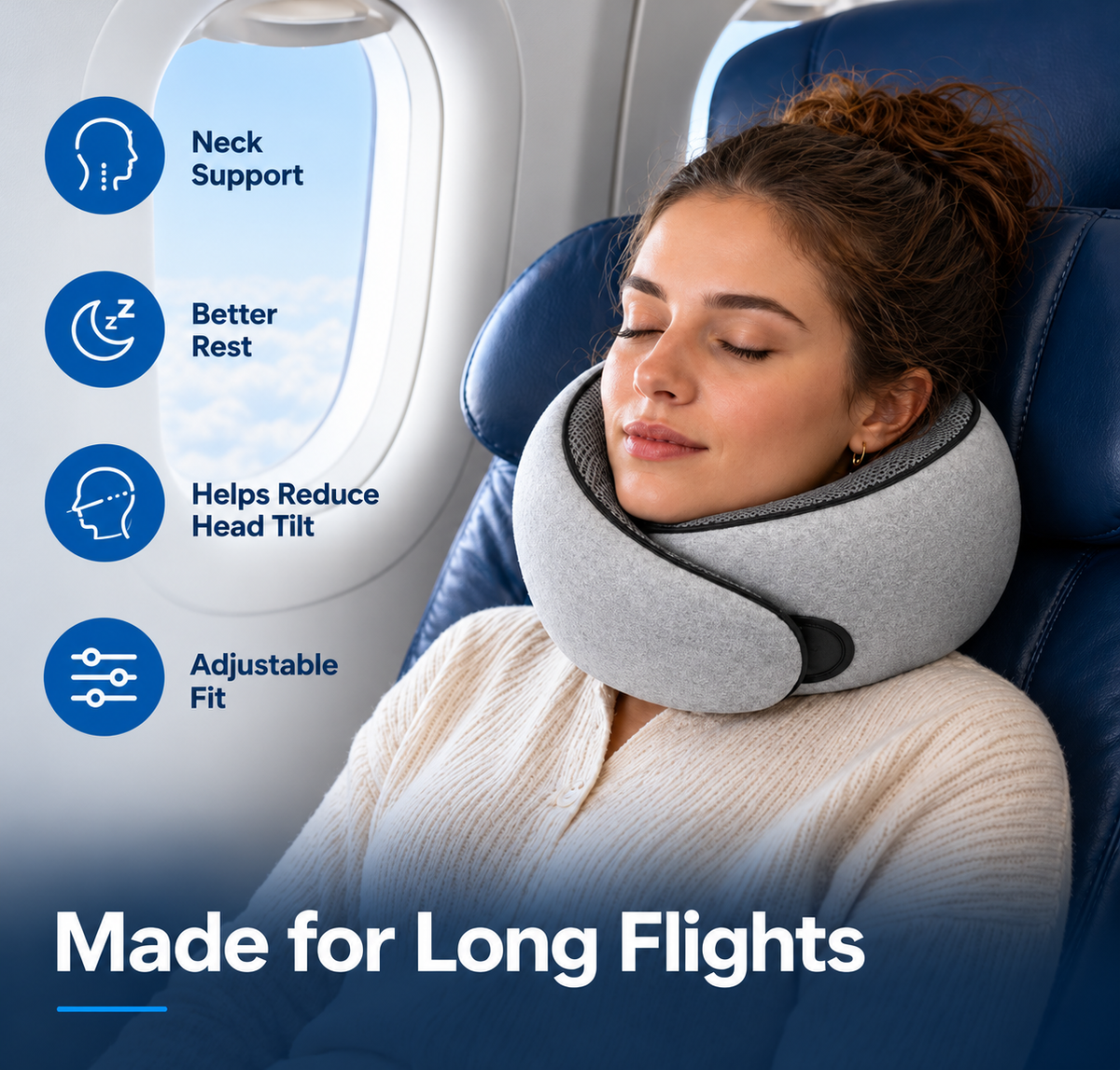 U-shaped neck pillow designed for airplane travel.
